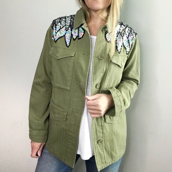 TOPSHOP Sequin Wing Motif green Shacket Jacket 4